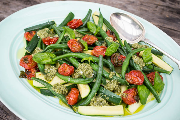 Harvest Salad with Roasted Tomatoes and Basil Pesto Dressing
