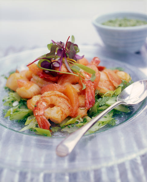 Scallops and Prawns with Celery and Herb Salad, Grapefruit and Celery Leaf Pesto
