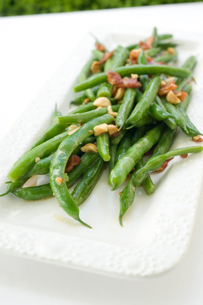 Green Beans with Mustard Dressing, Crispy Bacon and Hazelnuts