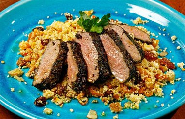 Chermoula Lamb with Couscous, Dried Fruit and Mint Salad
