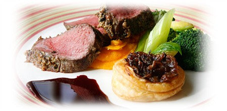 PEPPERED FARM-RAISED VENISON WITH BEETROOT JUS, CARAMELISED ONION TART AND PARSNIP AND CARROT MASH